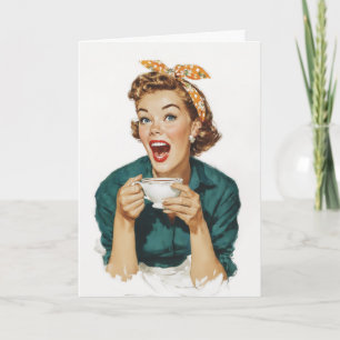 Cheerful Retro Woman Enjoying Coffee Card