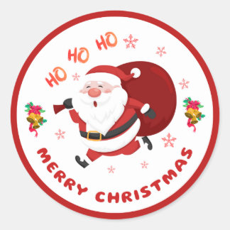 Cheerful Running Santa Merry Christmas Round Stick Classic Round Sticker
