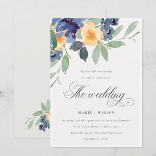 Cheerful Rustic Yellow Blue Floral Wedding Invite