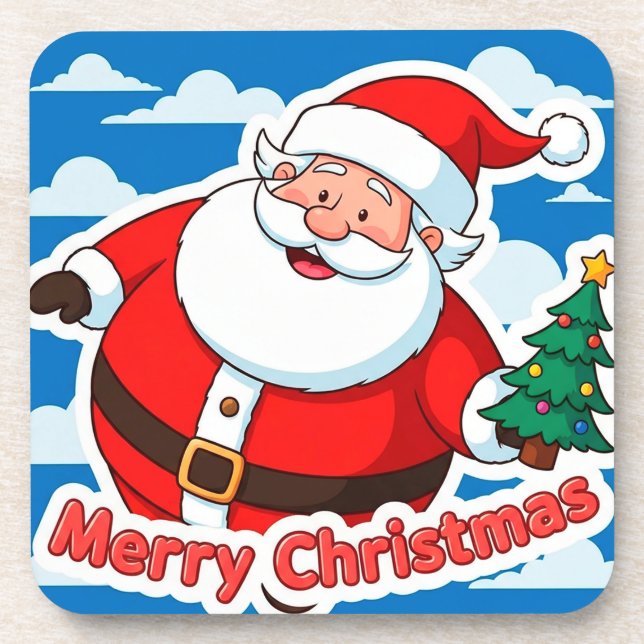 Cheerful Santa Claus Holding a Tiny Christmas Tree Coaster (Front)