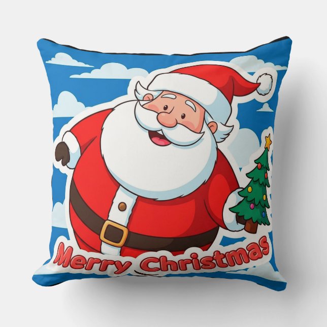 Cheerful Santa Claus Holding a Tiny Christmas Tree Throw Pillow (Front)