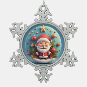 Cheerful Santa Claus With Snowy Christmas Snowflake Pewter Christmas Ornament