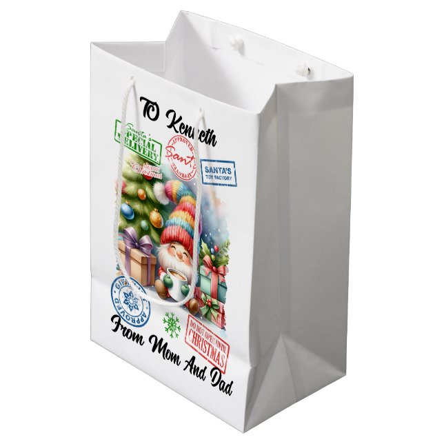 Cheerful Santa Sack Filled With Holiday Surprises Medium Gift Bag (Front Angled)
