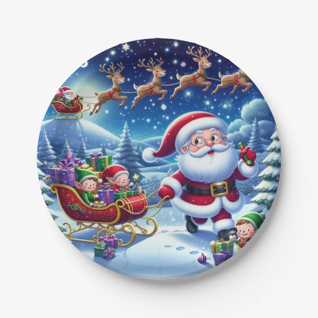 Cheerful Santa with Sleigh and Elves Christmas Paper Plate (Front)