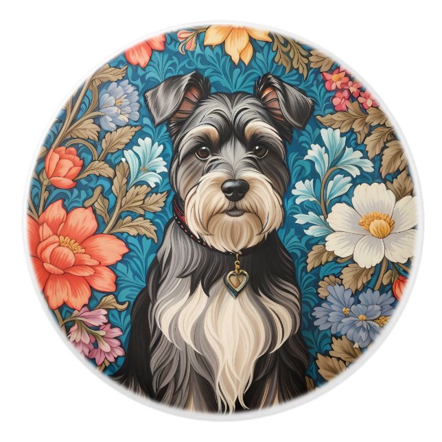 Cheerful Schnauzer William Morris Inspired Floral Ceramic Knob (Front)