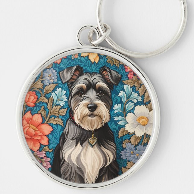 Cheerful Schnauzer William Morris Inspired Floral Keychain (Front)