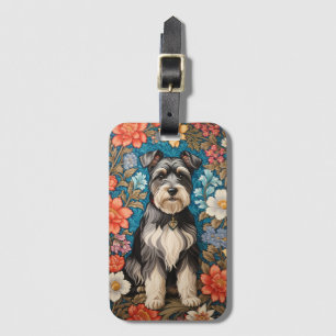 Cheerful Schnauzer William Morris Inspired Floral Luggage Tag