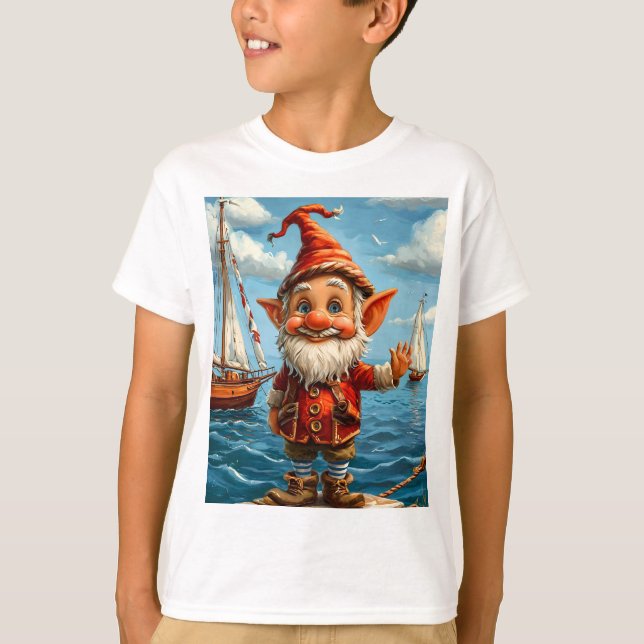 Cheerful Sea Gnome: Greeting at the Pier.  T-Shirt (Front)