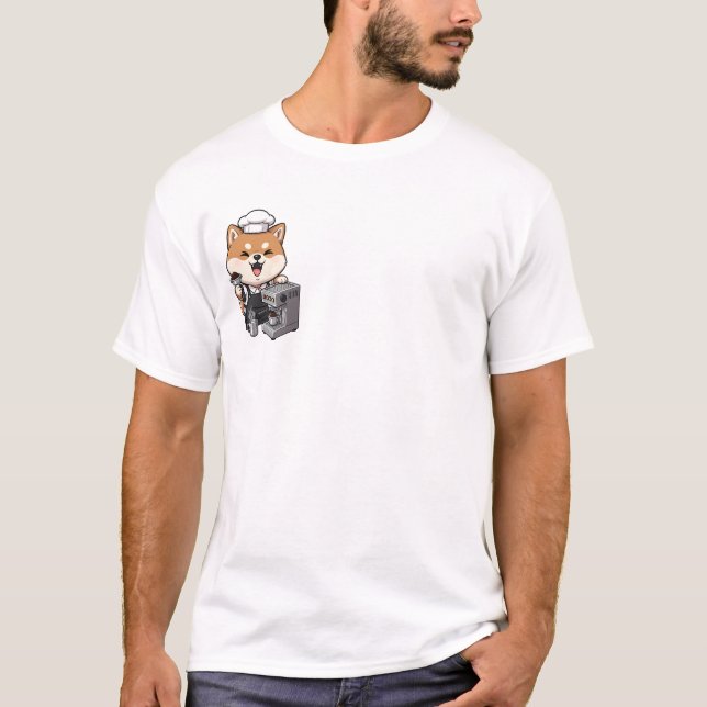 Cheerful Shiba Inu Barista with Espresso Machine T-Shirt (Front)