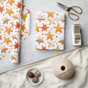 Cheerful Smiling Red and Yellow Stars Kids Wrapping Paper