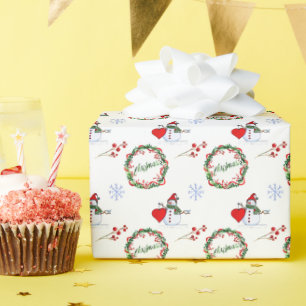 Cheerful snowman and festive wreaths pattern wrapping paper