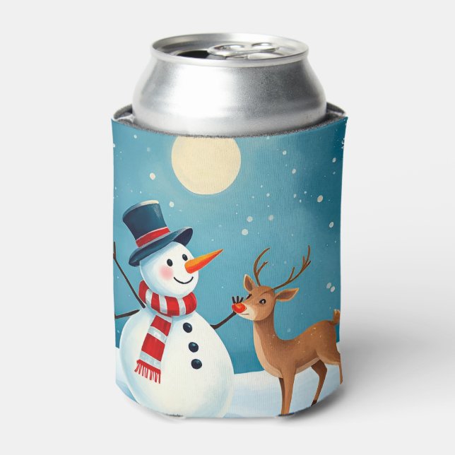 Cheerful Snowman and Reindeer Can Cooler (Can Front)