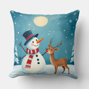 Cheerful Snowman and Reindeer Throw Pillow