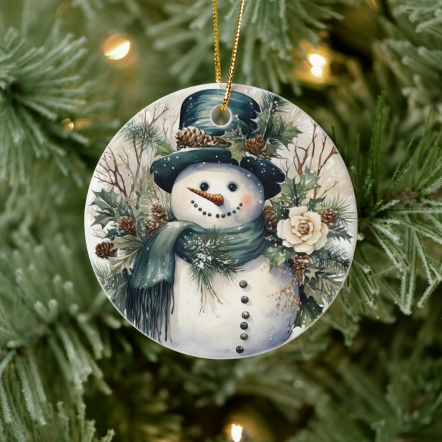 Cheerful Snowman Christmas Ceramic Ornament (Tree)