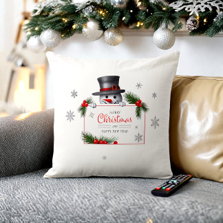 Cheerful Snowman Christmas New Year Greeting Throw Pillow