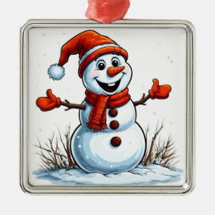 Cheerful Snowman Dressed in Winter Hat Metal Ornament