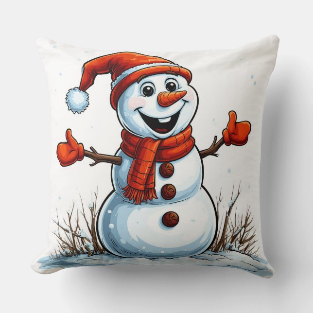 Cheerful Snowman Dressed in Winter Hat Throw Pillow (Front)