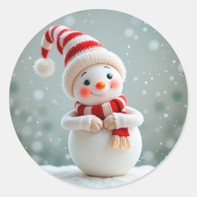 Cheerful Snowman Figurine with Holiday Hat Classic Round Sticker (Front)