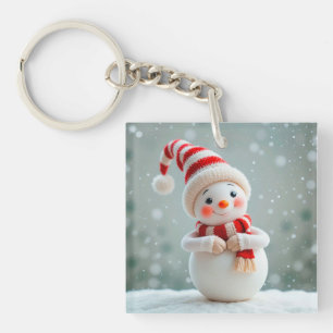 Cheerful Snowman Figurine with Holiday Hat Keychain