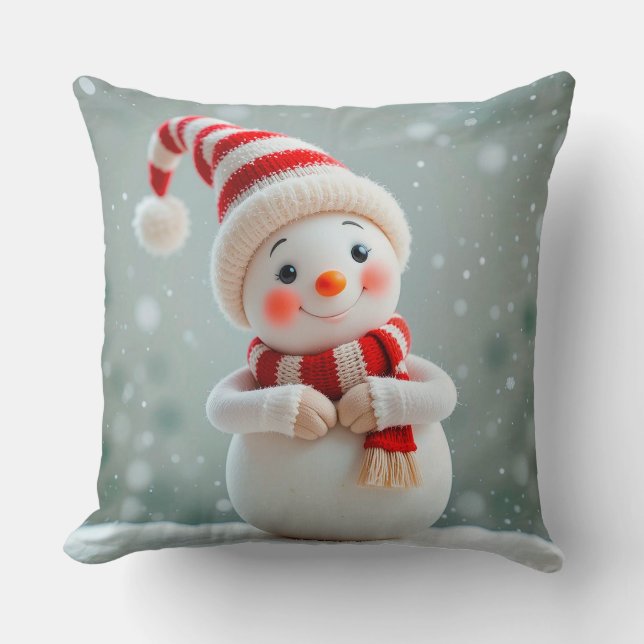 Cheerful Snowman Figurine with Holiday Hat Throw Pillow (Front)