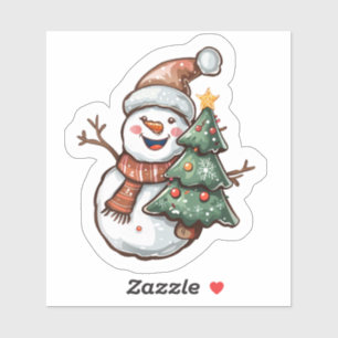 Cheerful Snowman Holding a Festive Christmas Tree