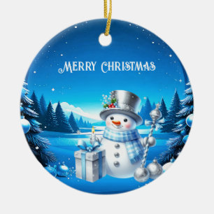 Cheerful Snowman in a Snowy Forest Ceramic Ornament