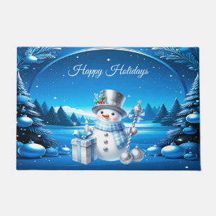 Cheerful Snowman in a Snowy Forest Doormat