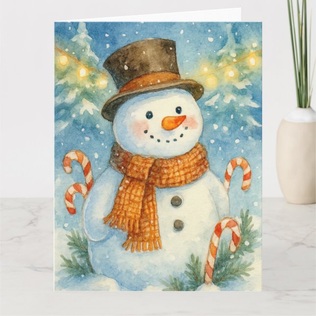 Cheerful Snowman in Pine Forest Card (Front)