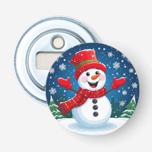 Cheerful Snowman in Red Scarf and Hat Bottle Opener