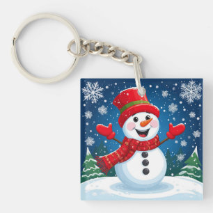 Cheerful Snowman in Red Scarf and Hat Keychain