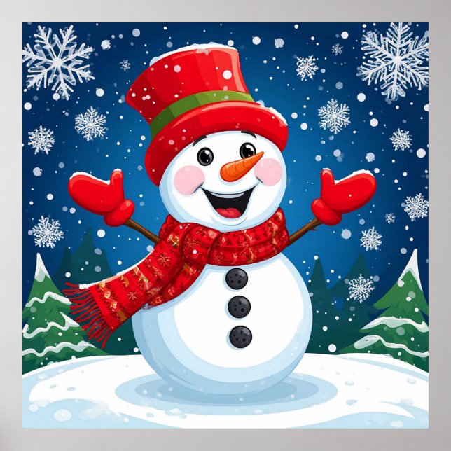 Cheerful Snowman in Red Scarf and Hat Poster (Front)