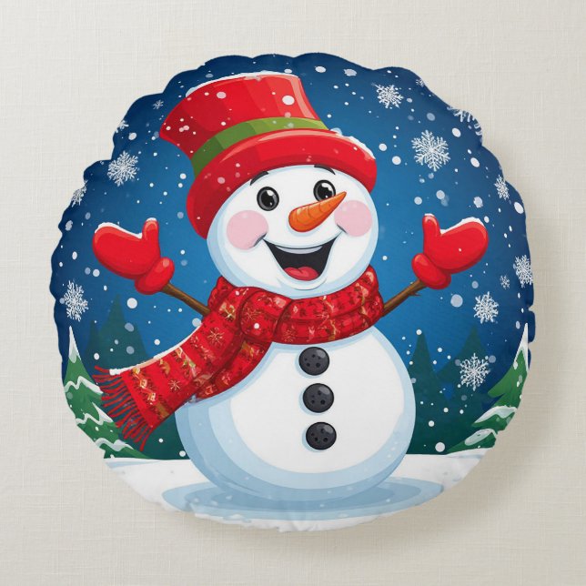 Cheerful Snowman in Red Scarf and Hat Round Pillow (Front)