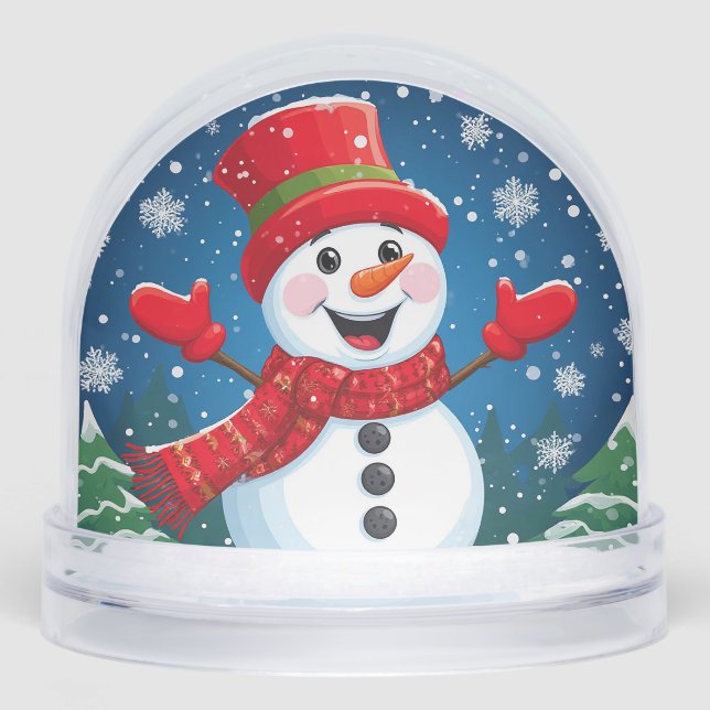 Cheerful Snowman in Red Scarf and Hat Snowglobe (Front)