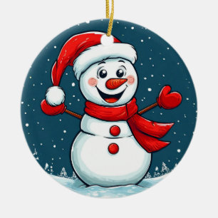 Cheerful Snowman in Santa Hat with Scarf Ceramic Ornament