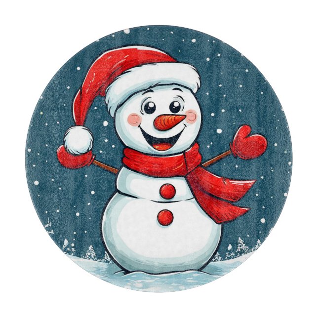 Cheerful Snowman in Santa Hat with Scarf Cutting Board (Front)