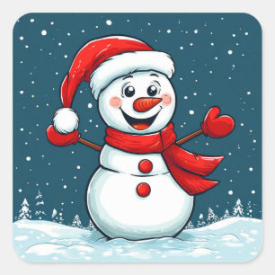 Cheerful Snowman in Santa Hat with Scarf Square Sticker