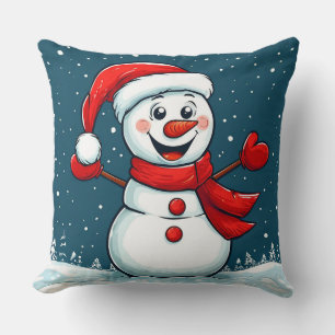 Cheerful Snowman in Santa Hat with Scarf Throw Pillow