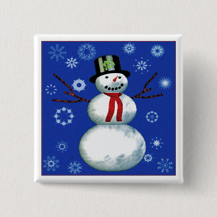cheerful snowman in top hat 2 inch square button