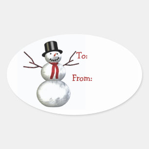 cheerful snowman in top hat oval sticker