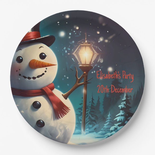 Cheerful Snowman Party Invitation  - Festive Card. Paper Plate (Front)