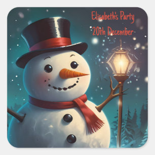 Cheerful Snowman Party Invitation  - Festive Card. Square Sticker