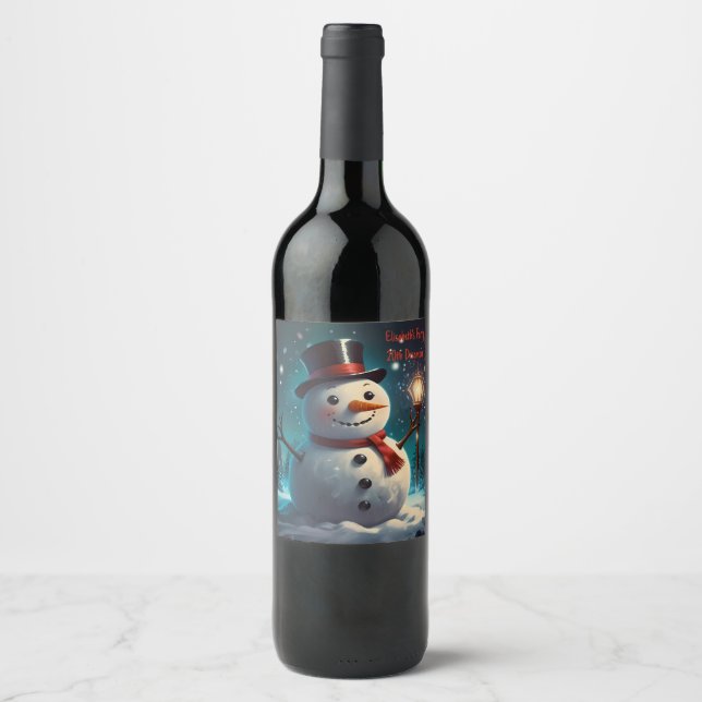 Cheerful Snowman Party Invitation  - Festive Card. Wine Label (Front)