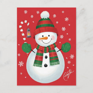 Cheerful Snowman Plaid Scarf Red Christmas Holiday Postcard
