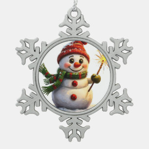 Cheerful Snowman Snowflake Christmas Tree Gift Snowflake Pewter Christmas Ornament