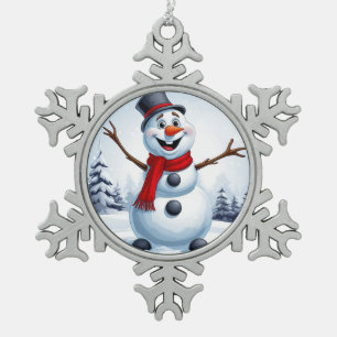 Cheerful Snowman Snowflake Pewter Christmas Ornament
