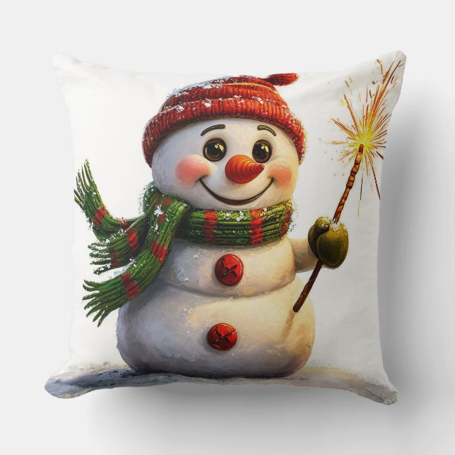 Cheerful Snowman Throw Pillow (Front)
