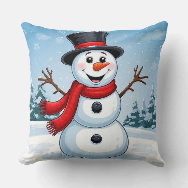 Cheerful Snowman Throw Pillow (Front)