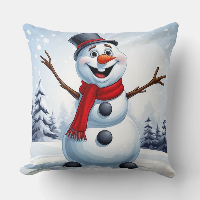 Cheerful Snowman Throw Pillow (Front)