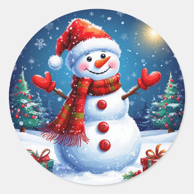 Cheerful Snowman Wearing a Santa Hat Classic Round Sticker (Front)