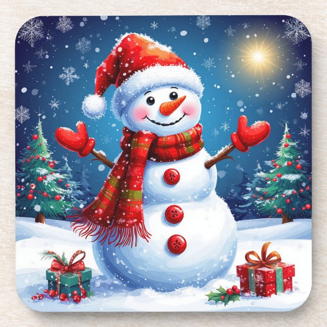 Cheerful Snowman Wearing a Santa Hat Coaster (Front)